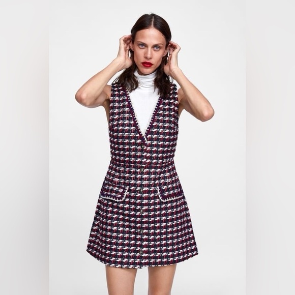 Zara Dresses & Skirts - Zara Red Pinafore Tweed Dress V-Neck Vest Gold Buttons Size XS